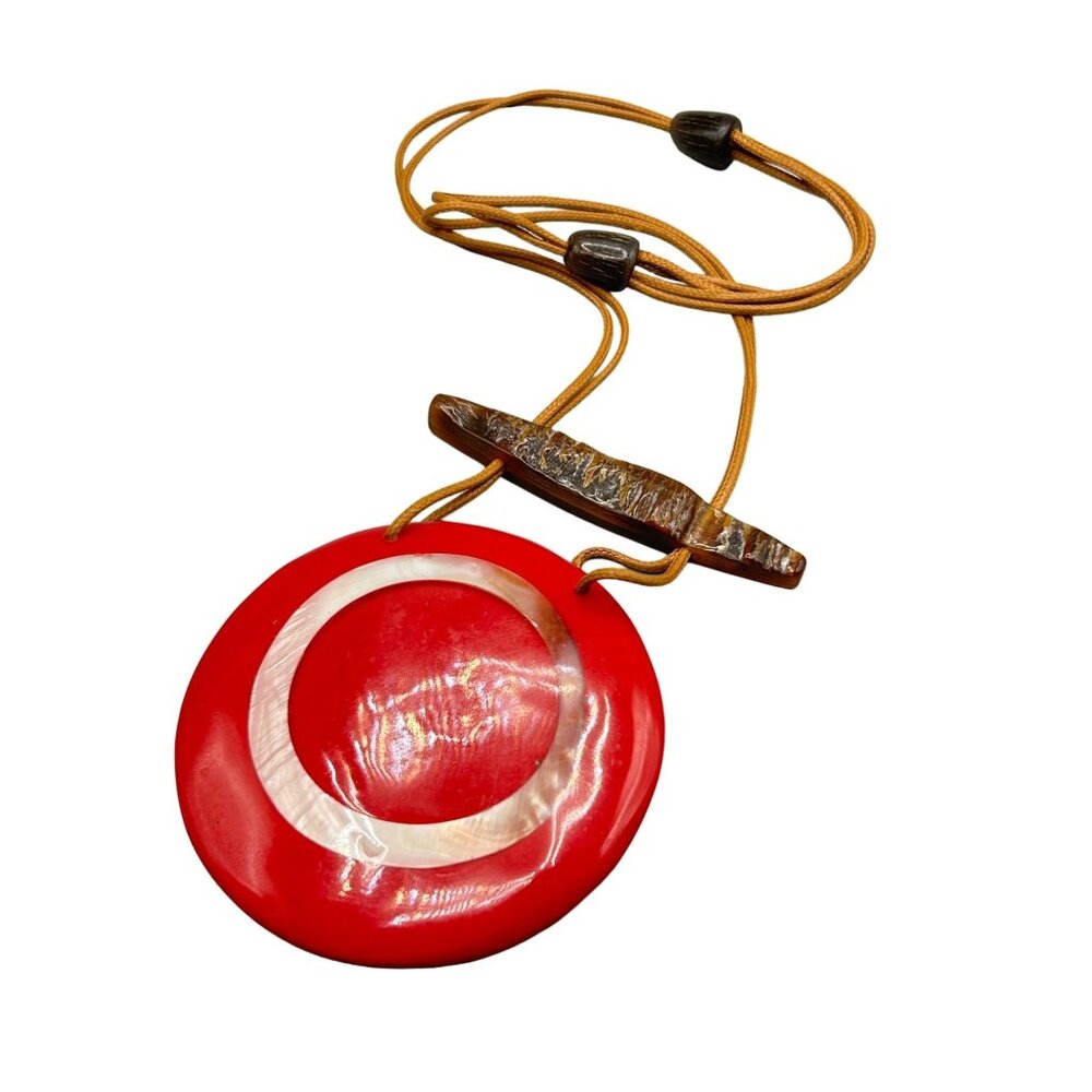 Oversized Red Statement Necklace Big Round Pendant with Mother of Pearl & Horn